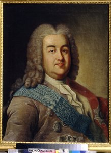 Retrato do príncipe Alexis Mikhailovich Cherkassky (1680-1742) (Retrato do príncipe A.M. Cherkassky). Pintura de Ivan Petrovich Argunov (Argunov) (1729-1802), óleo sobre tela, meados do século XVIII. Arte russa do século XVIII. Museu Estadual de Cerâmica e
