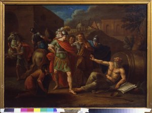 Alexandre o Grande (Alexandre III da Macedónia, 356-323 AC) visitou Diógenes (Diógenes de Sinope ou o Cínico, c. 413-c. 327 AC) em Corinto, Grécia de Ivan Philippovich Tupylev