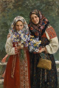 Flores silvestres. (PradoFlores). Uma mãe e sua filha, elegantes em seus vestidos folclóricos com um lenço colorido cobrindo os cabelos, seguram um buquê de flores silvestres nas mãos. Pintura de Ivan Semyonovich Kulikov (Koulikov) (1875)