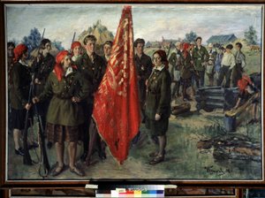Komsomol Militar (Komsomol Militar). Organização da juventude comunista da união soviética, descrição de um grupo de jovens uniformizados (militar e enfermaria) e armas reunidos em torno de um estandarte vermelho, perto de edifícios ephem