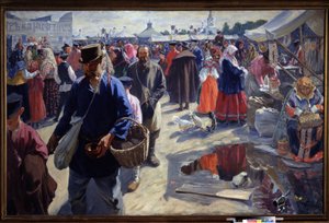 A Feira (Uma Feira). Cena de mercado em uma cidade provinciana russa, em ambiente tradicional, com camponeses e vendedores. Pintura de Ivan Semyonovich Kulikov (Koulikov) (1875-1941), óleo sobre tela