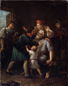 O Retorno do Guerreiro (Guerreiro do Baile). Um soldado volta para casa e se joga nos braços de seu velho pai. Toda a família expressa sua alegria e alívio por vê-lo vivo. Pintura de Ivan Vasilyevich Luchaninov (1781-1824), óleo sobre t de Ivan Vasilyevich Luchaninov