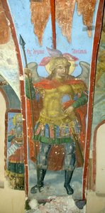 O Arcanjo São Miguel - Afresco de Ivan Yakovlevich Bakhmatov (ativo no início do século XVIII), afresco na Catedral de Nossa Senhora do Sinal em Novgorod (Rússia) - (São Miguel Arcanjo, Afresco de Ivan Yakovlevich Bakhmatov, na Catedral de Nossa Senhora