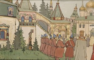 Ilustração para o conto de fadas A pena de Finist the Falcon, início do século XX de Ivan Yakovlevich Bilibin
