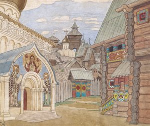 Aldeia russa. Cenografia da ópera O conto do czar Saltan de N. Rimsky-Korsakov de Ivan Yakovlevich Bilibin