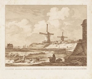 Vista do lado de fora do Haarlemmerpoort em Amsterdã com um desenhista sentado Vista do lado de fora do Haarlemmer-Poort, no Hoogen Dijk, em direção ao Zandhoek (título no objeto)
