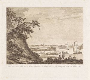 Ampla paisagem com duas figuras e veleiros Uma vista de den Rheenenschen Berg sobre o Betuwe de Gelderland (título no objeto)