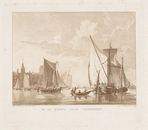 Veleiros e uma chalupa para Dordrecht No Merwe em frente a Dordrecht (título no objeto)