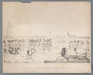 Vista da cidade de Antuérpia no dia seguinte ao bombardeamento, em 28 de Outubro de 1830 (título sobre o objecto) de Izaak Schouman