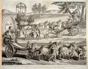 A carruagem de Apolo - Extrato do álbum ""Masque royal"" (Mascara real) - Gravura em cobre de A J De Fehrt (Defehrt) (1723-1774) de J.A. Defehrt
