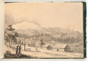 Paisagem montanhosa com pessoas e casas de Johan Christian Dahl