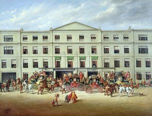 Troca de cavalos do lado de fora do Plough Inn, Cheltenham, 1870 de J.C. Maggs