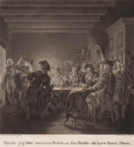 O lançador político. "Se eu não fosse um político, você deveria ter se envergonhado." Gravura após a Galeria Lorentzens Holberg. de J.F. Clemens