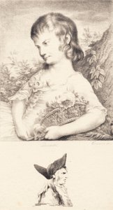 Uma garotinha com uma cesta de flores e o retrato de um homem de J.F. Clemens