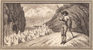 Um homem em um campo de neve se apoia em uma longa equipe de J.F. Clemens