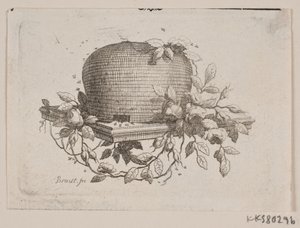 Uma placa com uma colméia, cercada com folhagem de rosas de J.F. Clemens