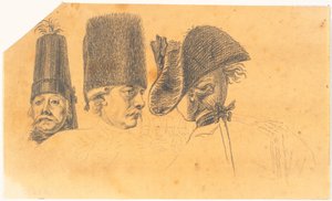 Preparação para três das cabeças para o stick: Frederik, o Grande, voltando para casa depois de uma revista em Potsdam de J.F. Clemens