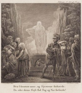 Melampe. Se você avançar mais e seu coração endurecer, quando esse espírito o aterrorizará dia e noite? Gravura após Llorentzens Holberg Galleri. de J.F. Clemens