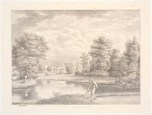 Jardim de Sanderumgaard com casa. Em primeiro plano, um homem com uma foice de J.F. Clemens