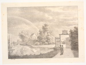 O jardim de Sanderumgaard com arco-íris. Em primeiro plano dois homens em um portão de J.F. Clemens