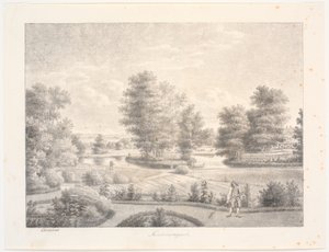 Jardim de Sanderumgaard com ilha arborizada. Em primeiro plano, um homem com um ancinho de J.F. Clemens