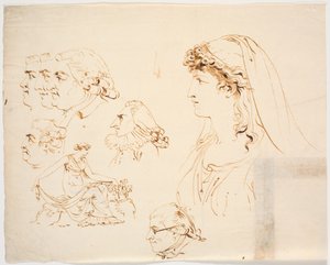 Seis cabeças de perfil masculino e feminino e mulher em vestido clássico colhendo flores de J.F. Clemens