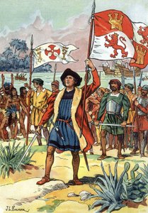 1492: Cristóvão Colombo chega à América com a bandeira espanhola de J.L Beuzon (fl.1880 1940)