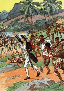 Morte de James Cook assassinada por habitantes locais no Havai de J.L Beuzon (fl.1880 1940)