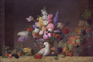 Uma cesta de flores, uma cacatua e uma videira de frutas de J.L. Camradt