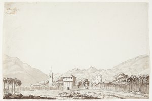 Paisagem de Domodossola na Suíça com igreja e torre de vigia de J.L. Lund