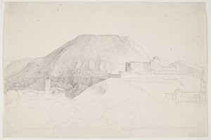 Estudo de paisagem com montanha e edifícios. Spoleto, Itália de J.L. Lund