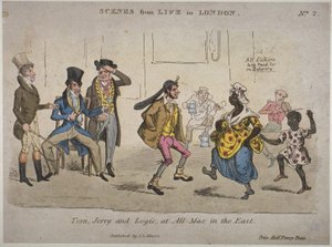 Figuras bebendo e dançando no Coach and Horses em Nightingale Lane, ilustração de "Life in London" de Pierce Egan (gravura à mão colorida)