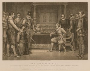 A trama da pólvora; Guy Fawkes interrogado pelo rei James I e seu conselho no quarto do rei, Whitehall