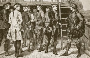O jovem pretendente e os chefes das terras altas a bordo do &39;Doutelle&39; antes de seu desembarque na Escócia, gravado por Butterworth e Heath