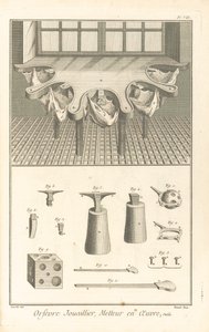 Orfevre-jouaillier, implementer, illustration from &39;Encyclopédie, ou, Dictionnaire raisonné des sciences, des arts et des métiers. Recolha de pratos &39;, c. 8. Primeira edição. gravada por Robert Bénard de J.R (after) Lucotte