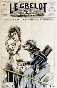 La cicada chez la ant - Caricatura anticlerical de um jesuíta segurando uma bolsa aberta que tende a uma mulher imoral, usando um episódio de coroa de trigo, que faz um moue de dedo - Ilustração de A. Bourgevin (ou J.Blasset ou Albert Douat