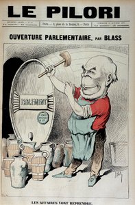 Abertura do Parlamento: retomada dos negócios (Caricatura sobre o escândalo das decorações envolvendo Daniel Wilson e Jules Grevy) - Ilustração de J. Blas (Albert Douat dit) (1847-1892). em "Le Pilori" de 30/10/1887