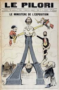 O Ministro da Exposição (cartoon sobre escândalos financeiros no final do século XIX e a Torre Eiffel). Ilustração de J. Blass
