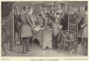Assinatura do Pacto no "Mayflower" (litho) de J. (after) Steeple Davis