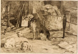 Cães na lareira n.º 1 de J. Alden Weir