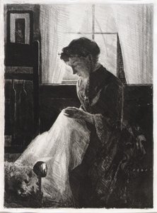 Retrato de perfil de uma mulher a coser de J. Alden Weir