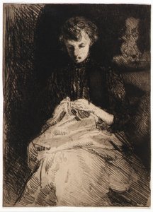Mulher sentada a coser de J. Alden Weir