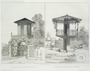 Portal com quiosque, Meudon, e terraço coberto, St. Denis, de um volume de desenhos de vários arquitectos, pub. Morel & Cie, Paris, c.1880 (gravura)