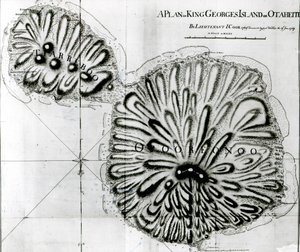 Um Plano do Rei Georges Island ou Otheite, 1769 (litho) (foto bw) de J. Cook