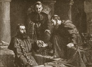 Escondendo o tesouro na supressão de um mosteiro, ilustração da Igreja da Inglaterra: Uma História para o Povo por HDM Spence-Jones, pub. c.1910 foto em sépia de J. Cooke