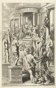 Hércules leva o homem personificações de virtudes passadas ao templo da fama eterna Folha de rosto para: Idea principis christiano-politica, Centum Symbolis expressa, Bruxelas 1649 (título no objeto) de J. Danoot