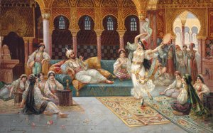 Uma dança de harém (óleo sobre tela colocado a bordo) de J. G. Delincourt