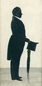 Silueta, de, um, homem, com, um, chapéu superior, casaco frock, e, guarda-chuva de J. Gapp