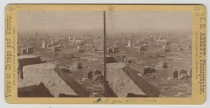 Estereógrafo de vista a noroeste da Torre da Água após o incêndio de Chicago de 1871 de J. H. Abbott