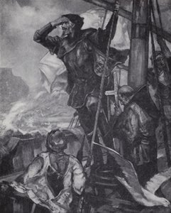 O explorador português Vasco da Gama avistando o Cabo da Boa Esperança em sua viagem à Índia de J. H. Amschewitz